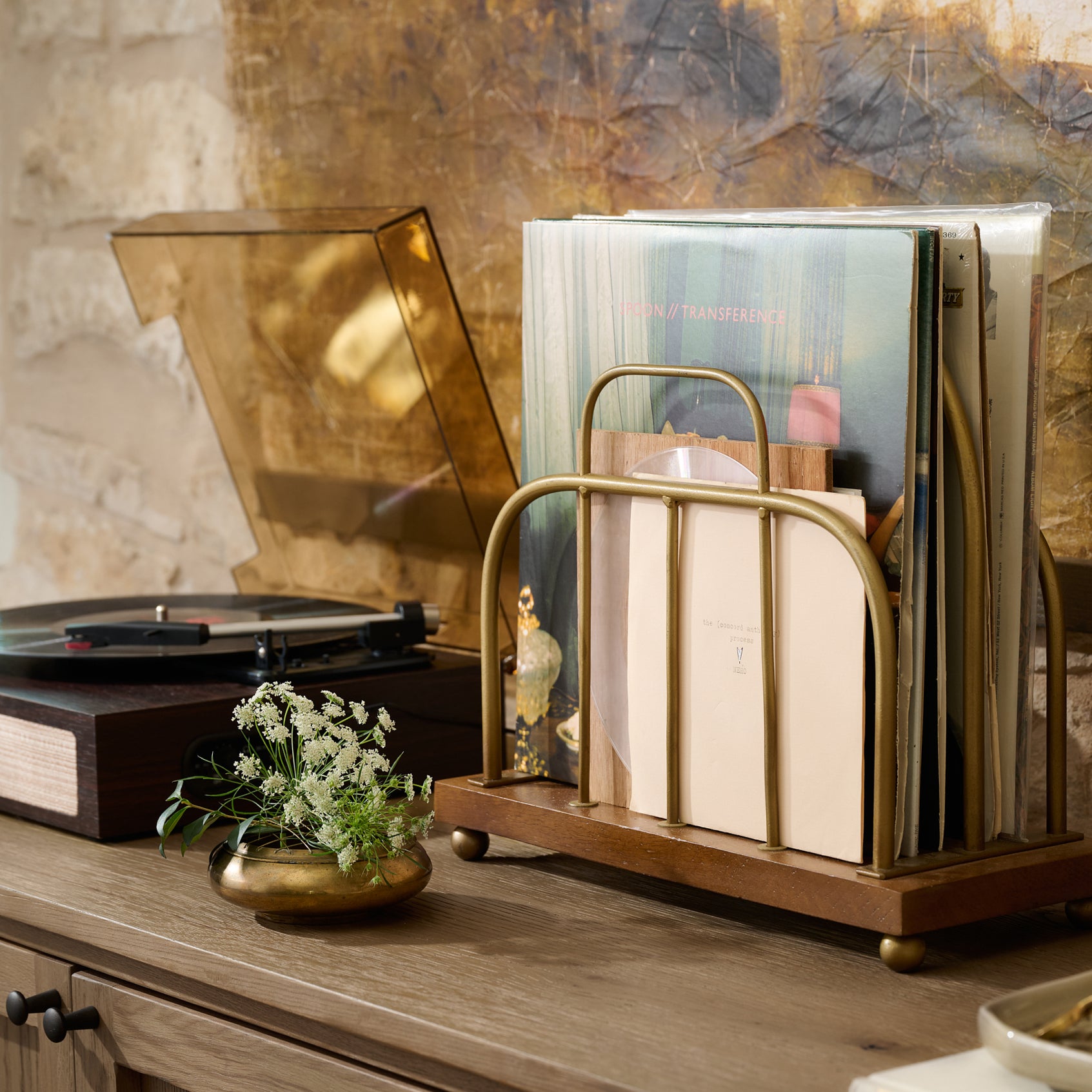 Short Antique Brass and Wood Media Stand