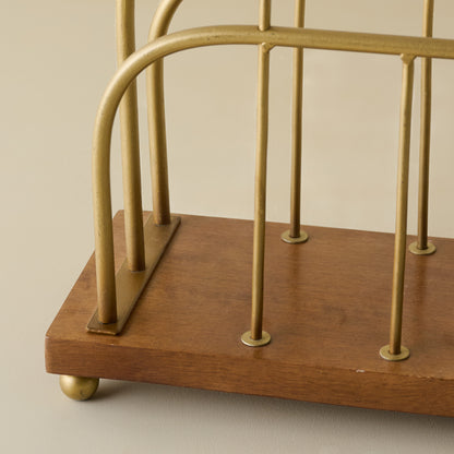 Short Antique Brass and Wood Media Stand close up view of brass material