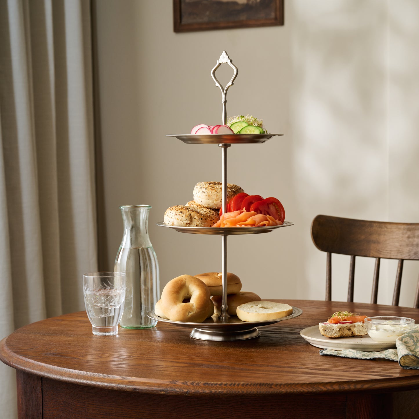 Pewter Tiered Serving Stand styled with light bites on table
