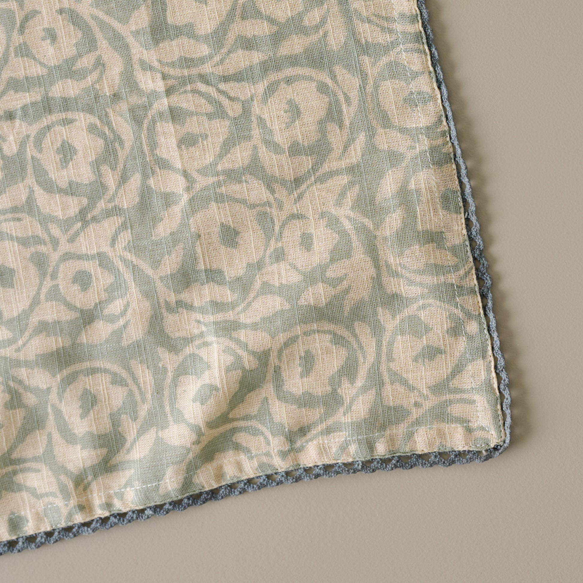 Pivione Fleurs Napkin close up view of floral motif print and border trim