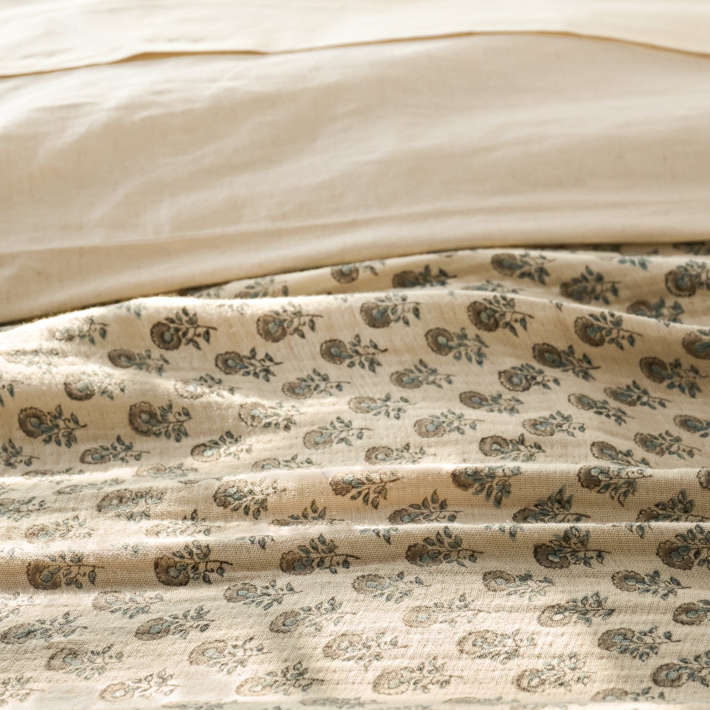 Floral Block Print Reversible Throw close up on bed