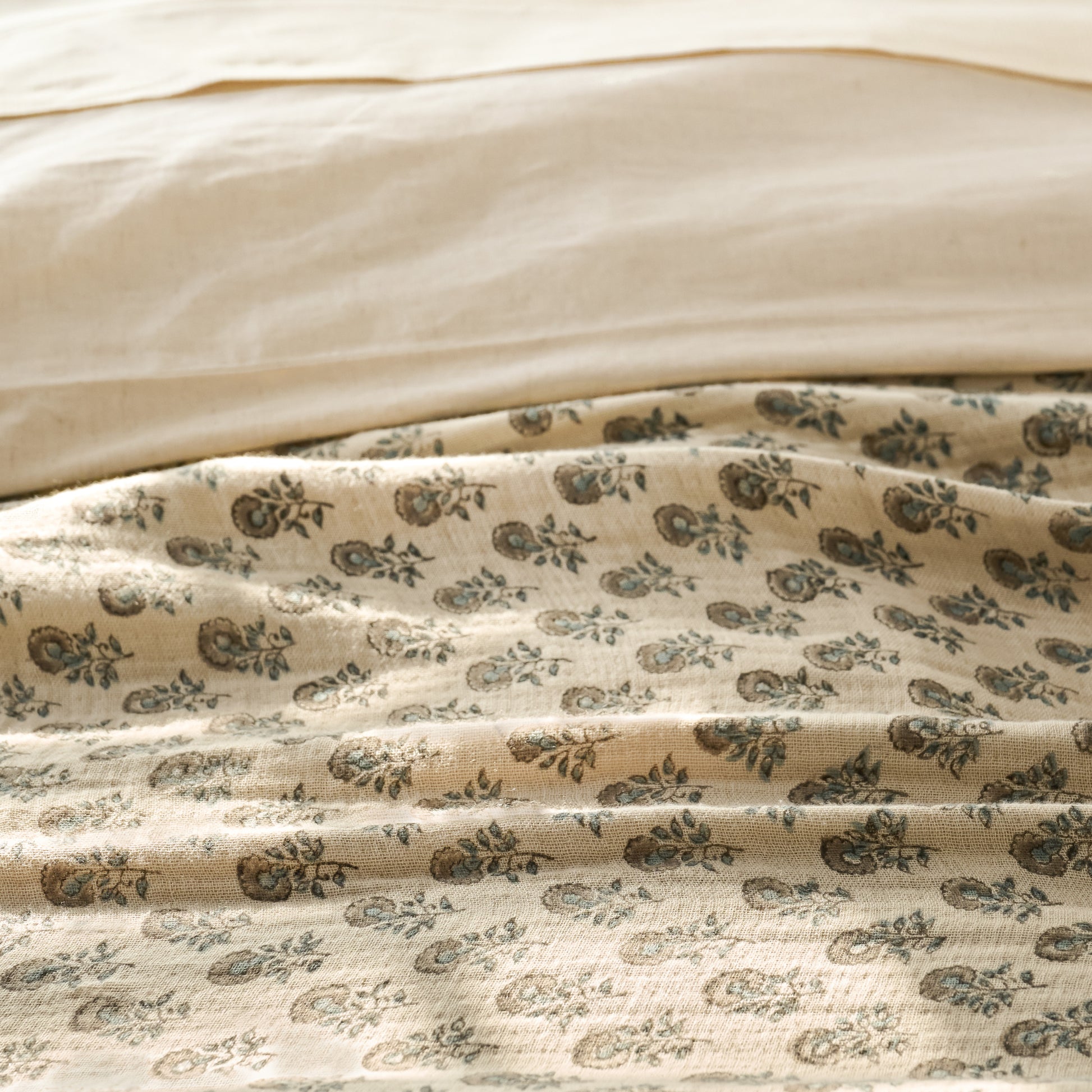 Floral Block Print Reversible Throw close up on bed