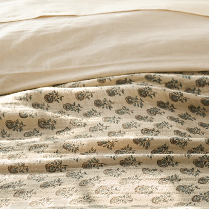 Floral Block Print Reversible Throw close up on bed