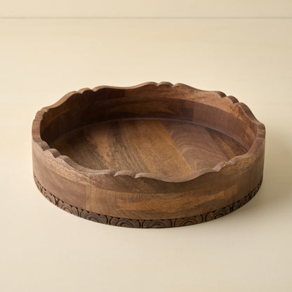 Caroline Carved Wood Round Scalloped Tray