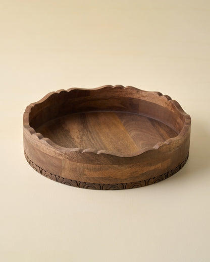 Caroline Carved Wood Round Scalloped Tray