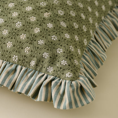 Thea Reversible Lumbar Pillow close up of stripe ruffle trim