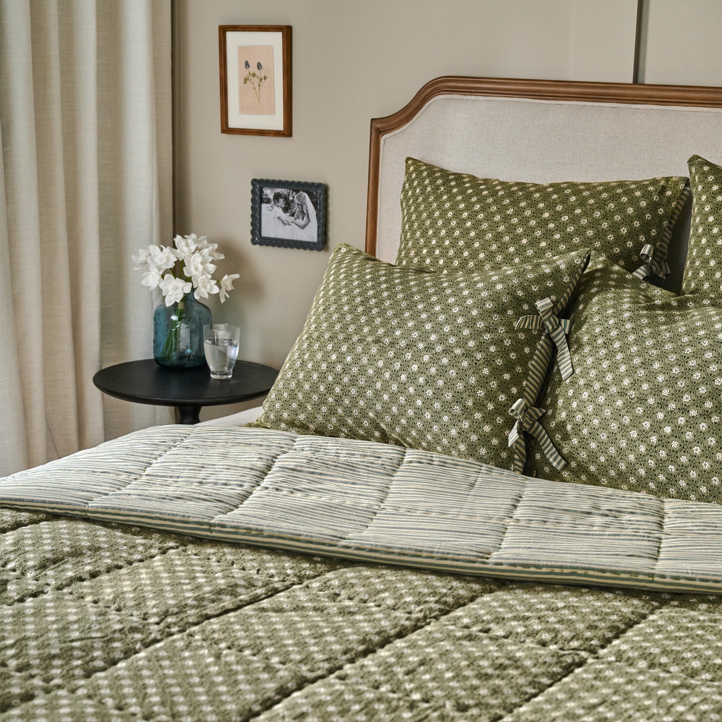 Thea Printed Sham on bed with black nightstand