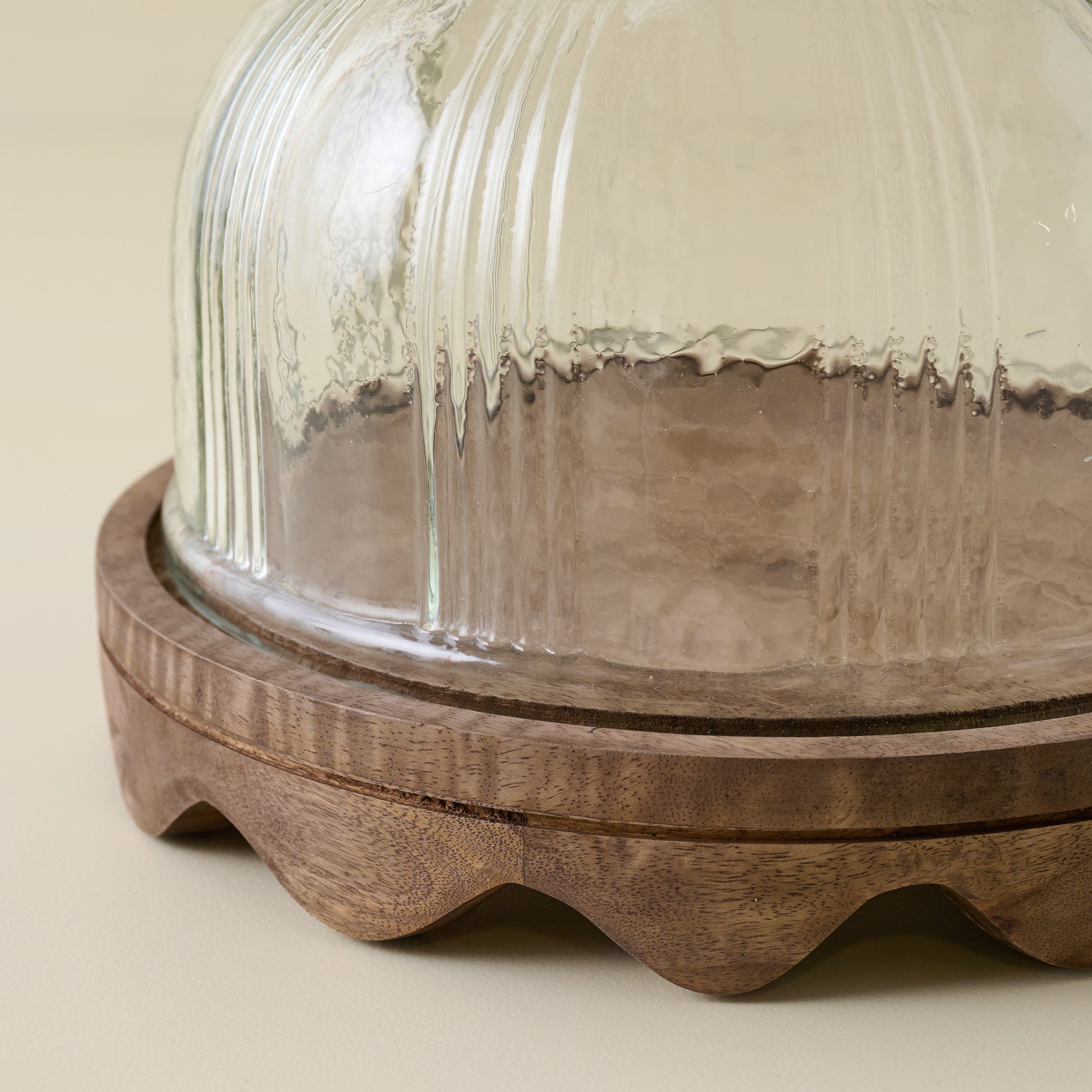 Wavy Edge Cake Stand + Fluted Dome close up view of wood scallop border detail