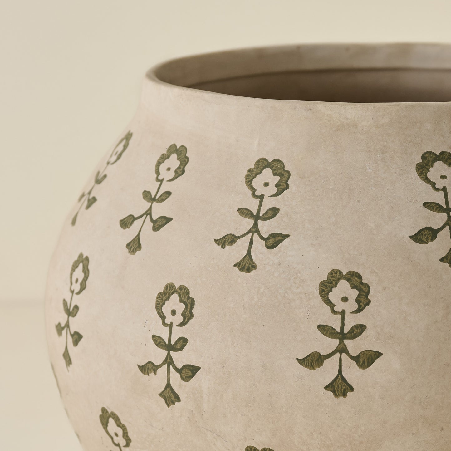Merritt Block Print Vase (large) close up of green floral motif