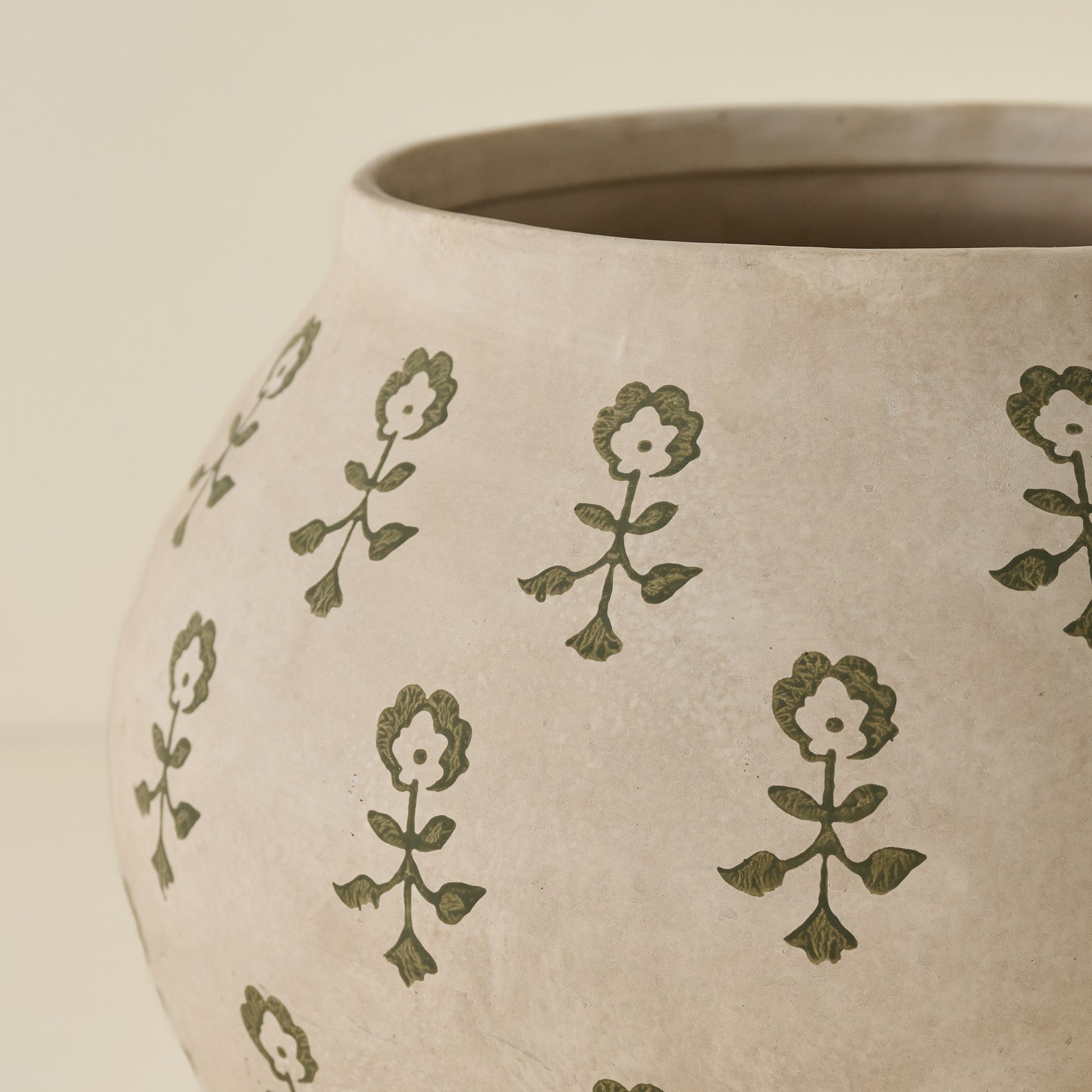 Merritt Block Print Vase (large) close up of green floral motif