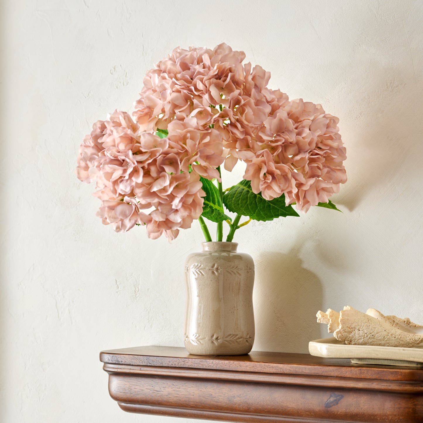 Floral Glazed Debossed Bud Vase (large) with hydrangeas paired on wall shelf 
