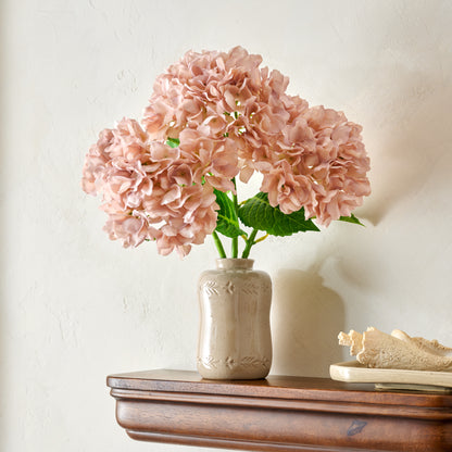 Floral Glazed Debossed Bud Vase (large) with hydrangeas paired on wall shelf 