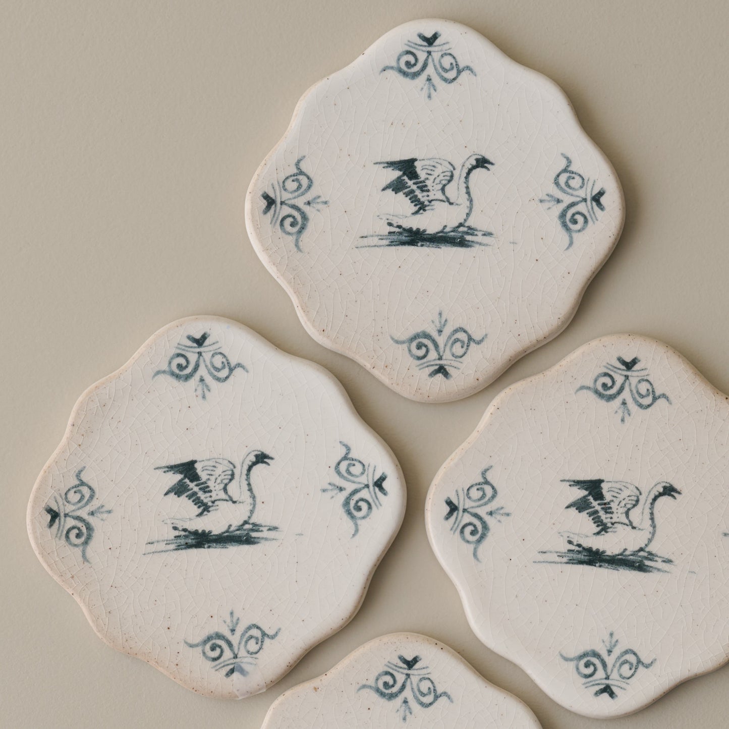 Ceramic Swan Coaster set of Four close up view 