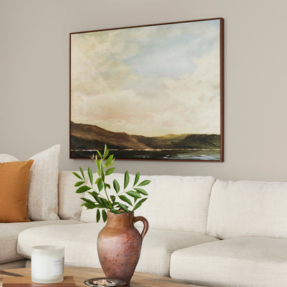 medium grey with tan interior paint named gatherings shown painted on living room wall
