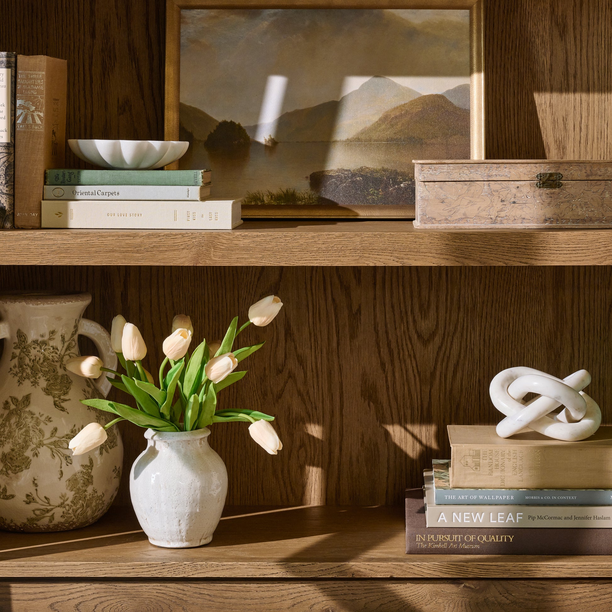 Marie distressed crackle vase with tulips on a shelf