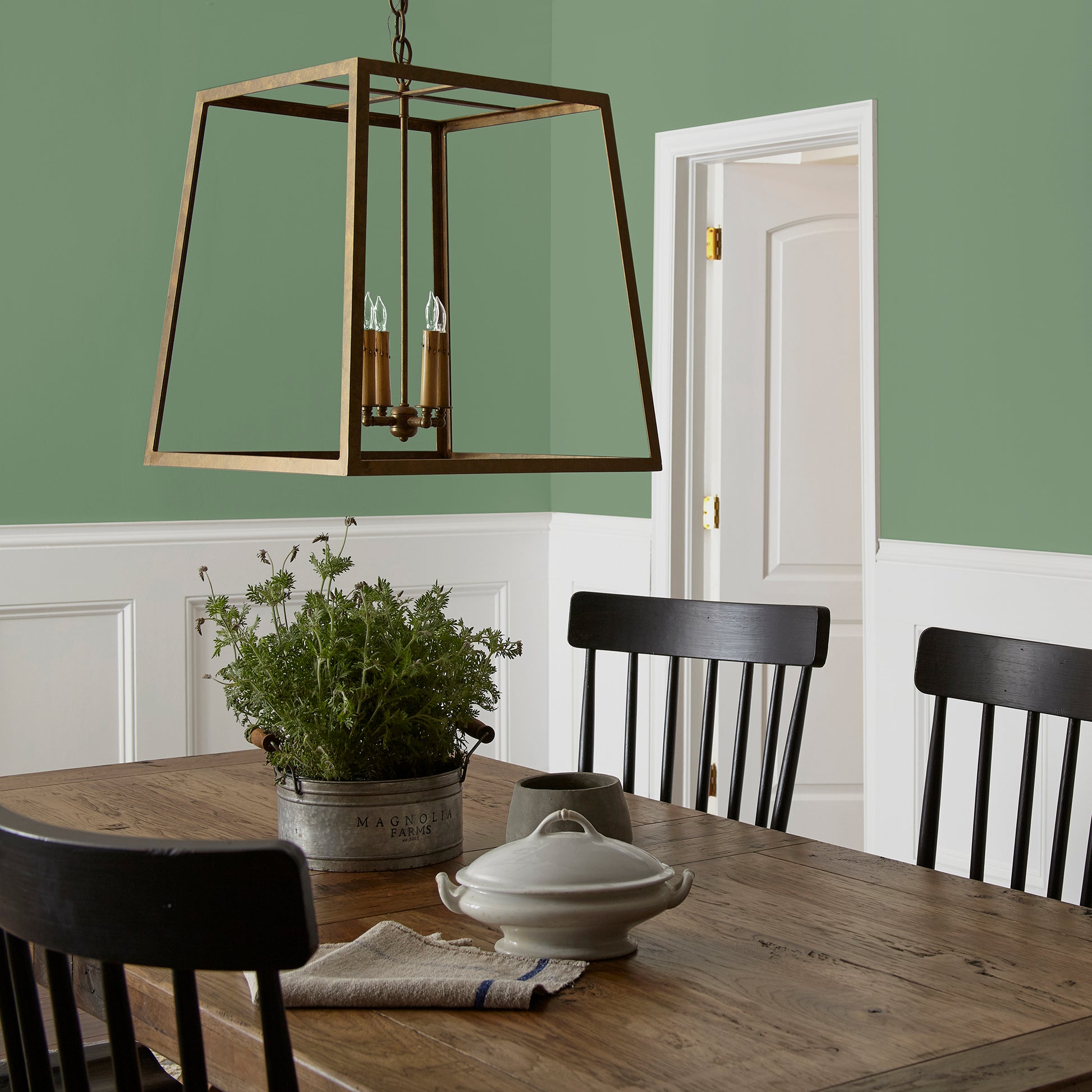 evergreen green paint named magnolia green shown painted on dining room wall