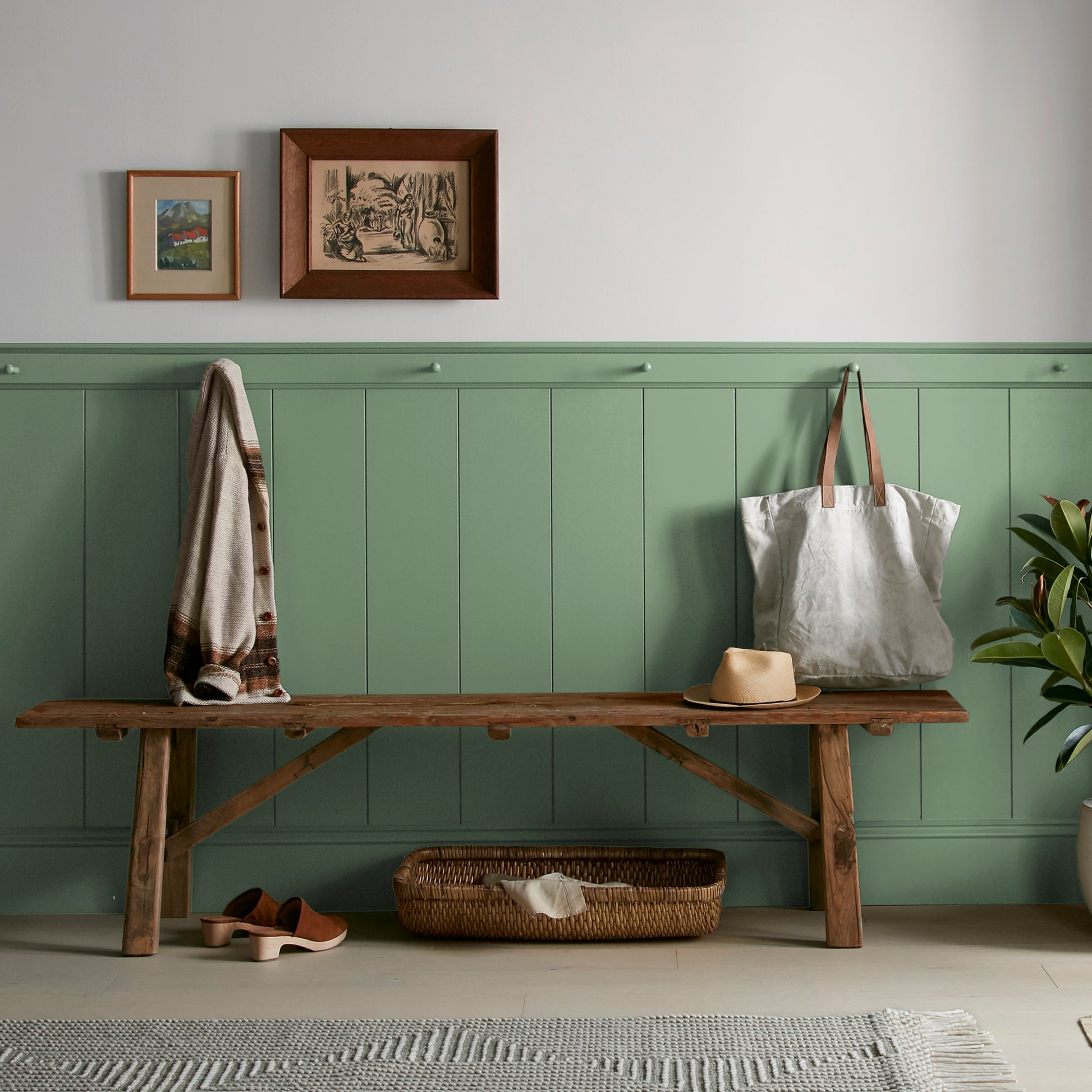 evergreen green paint named magnolia green shown painted on entryway wall