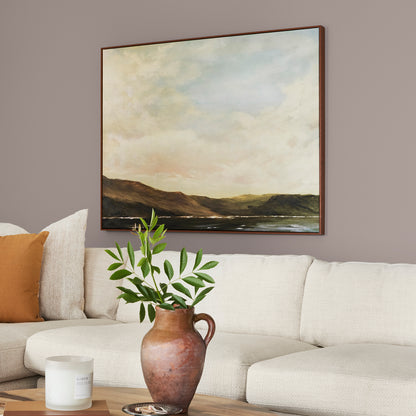 A mid-tone mauve interior paint named homebody shown painted on living room wall