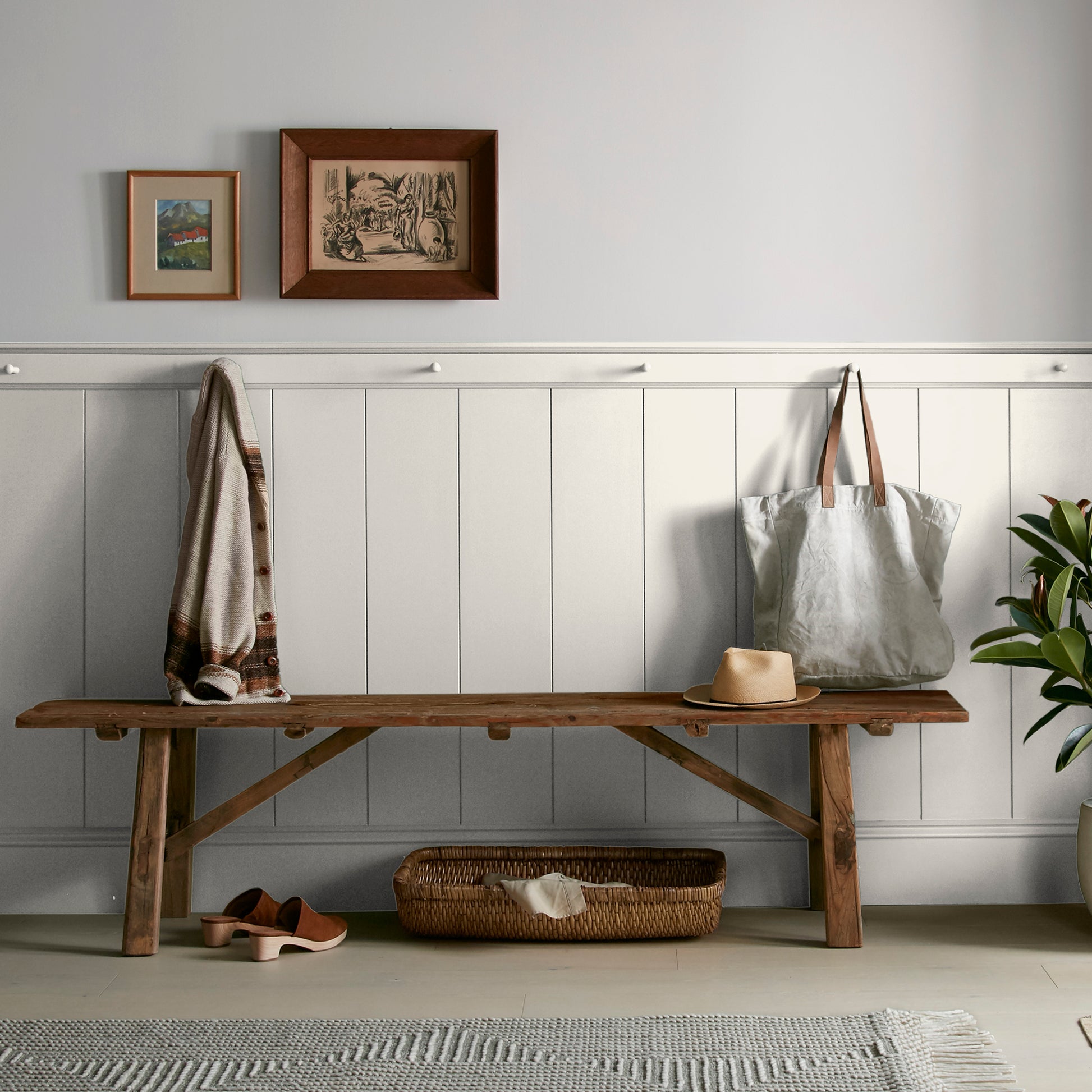 Warm white with beige hues interior paint named silos white shown painted on entryway wall