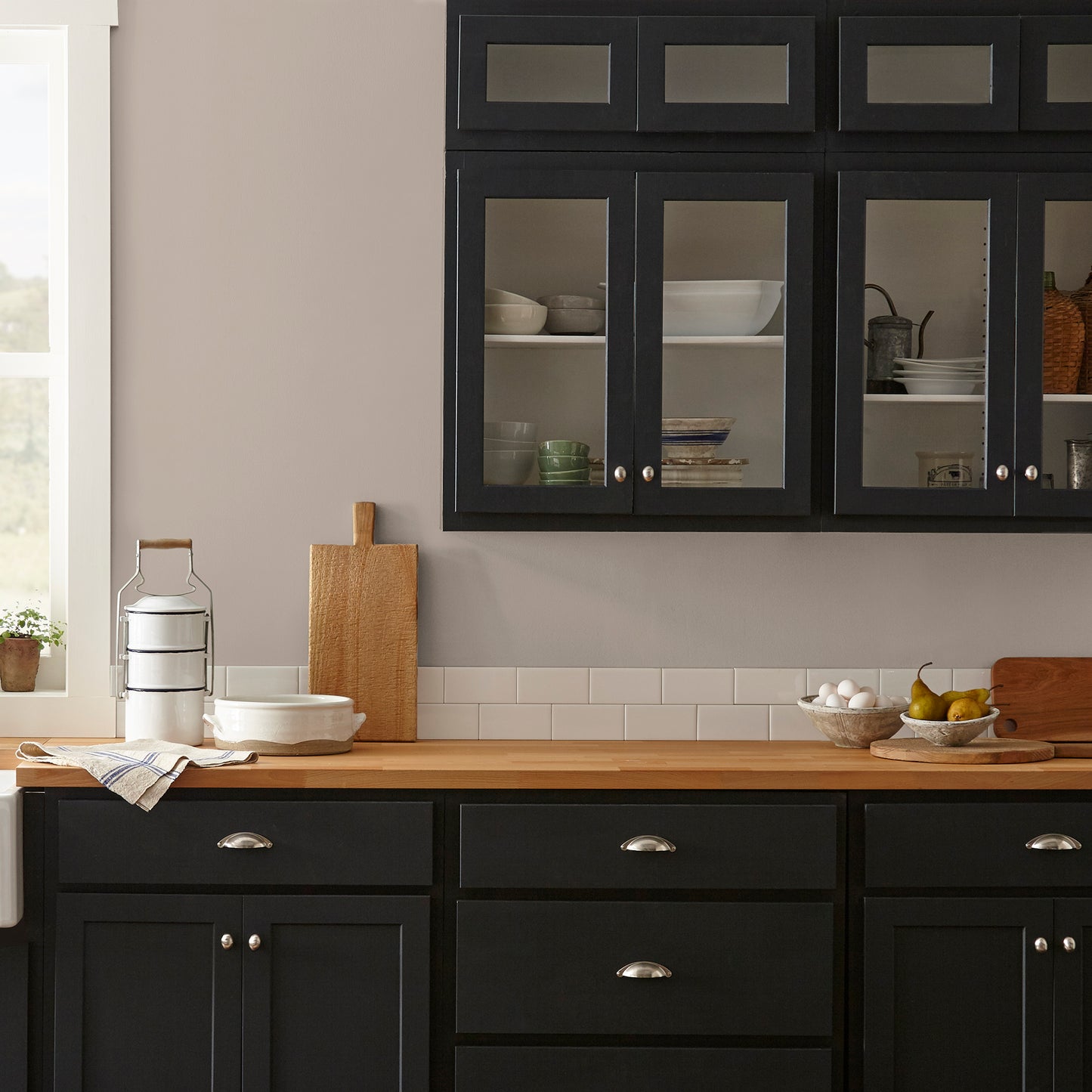 Khaki tan interior paint named rustic oak shown painted on kitchen wall