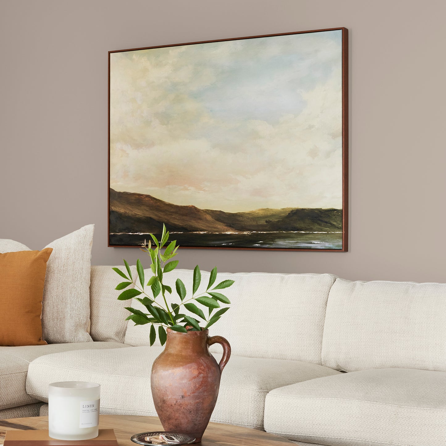 Khaki tan interior paint named rustic oak shown painted on living room wall