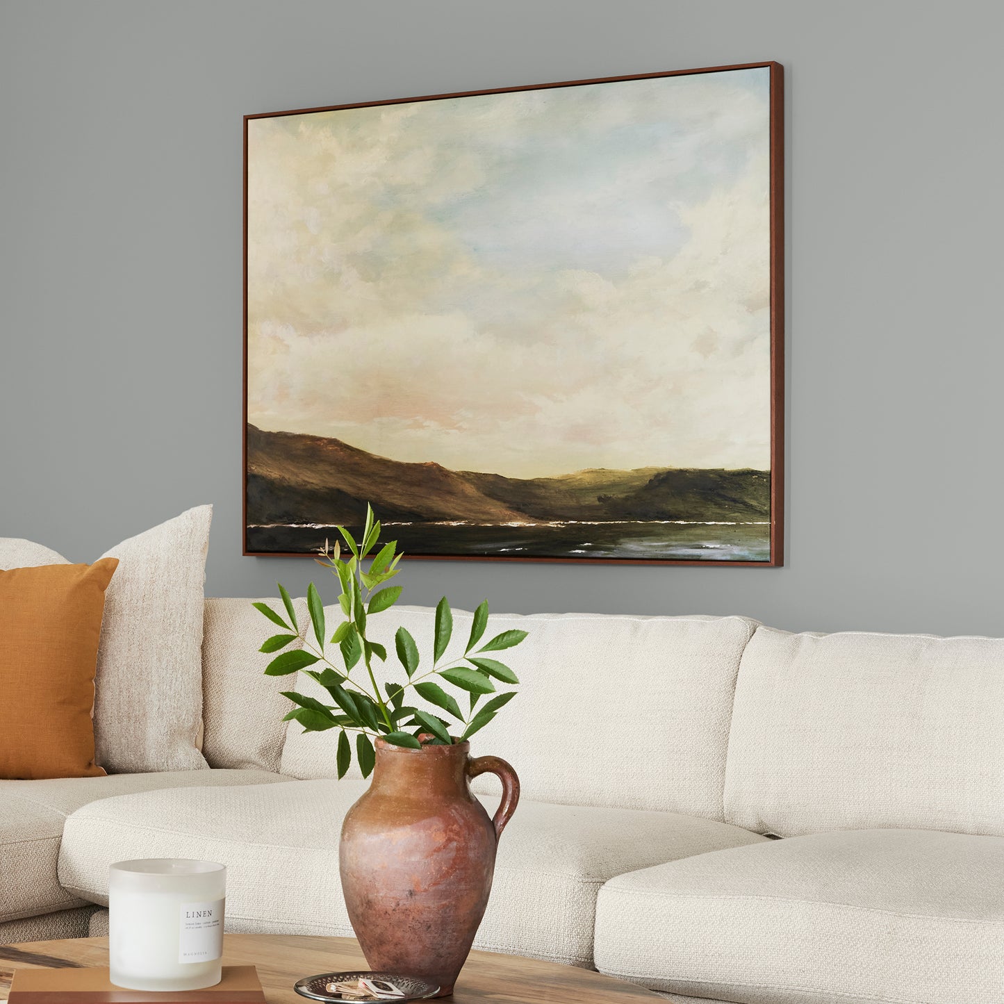 warm charcoal grey interior paint named vintage weathervane shown painted on living room wall