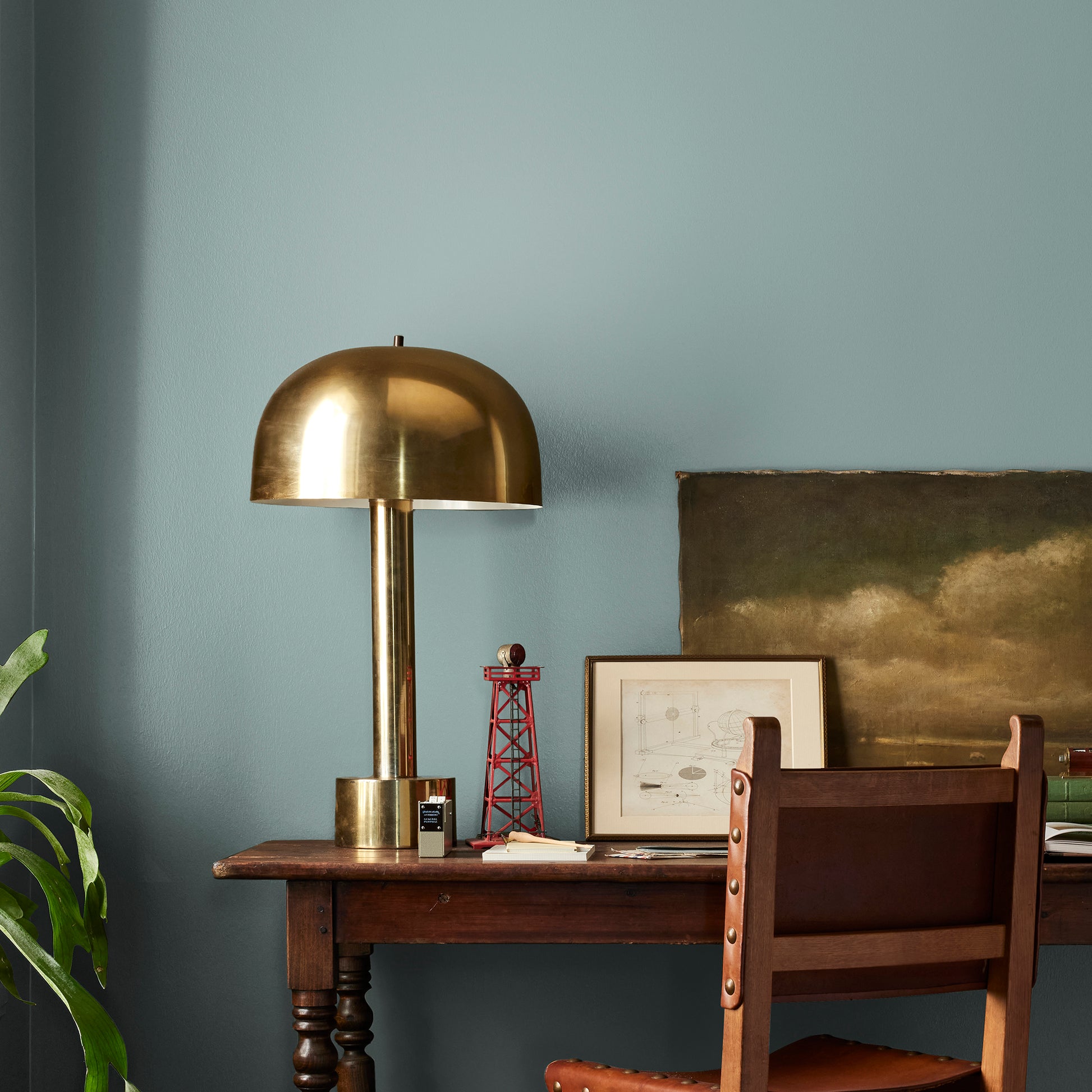 Ashy green with aqua undertone interior paint named well watered shown painted on bedroom wall
