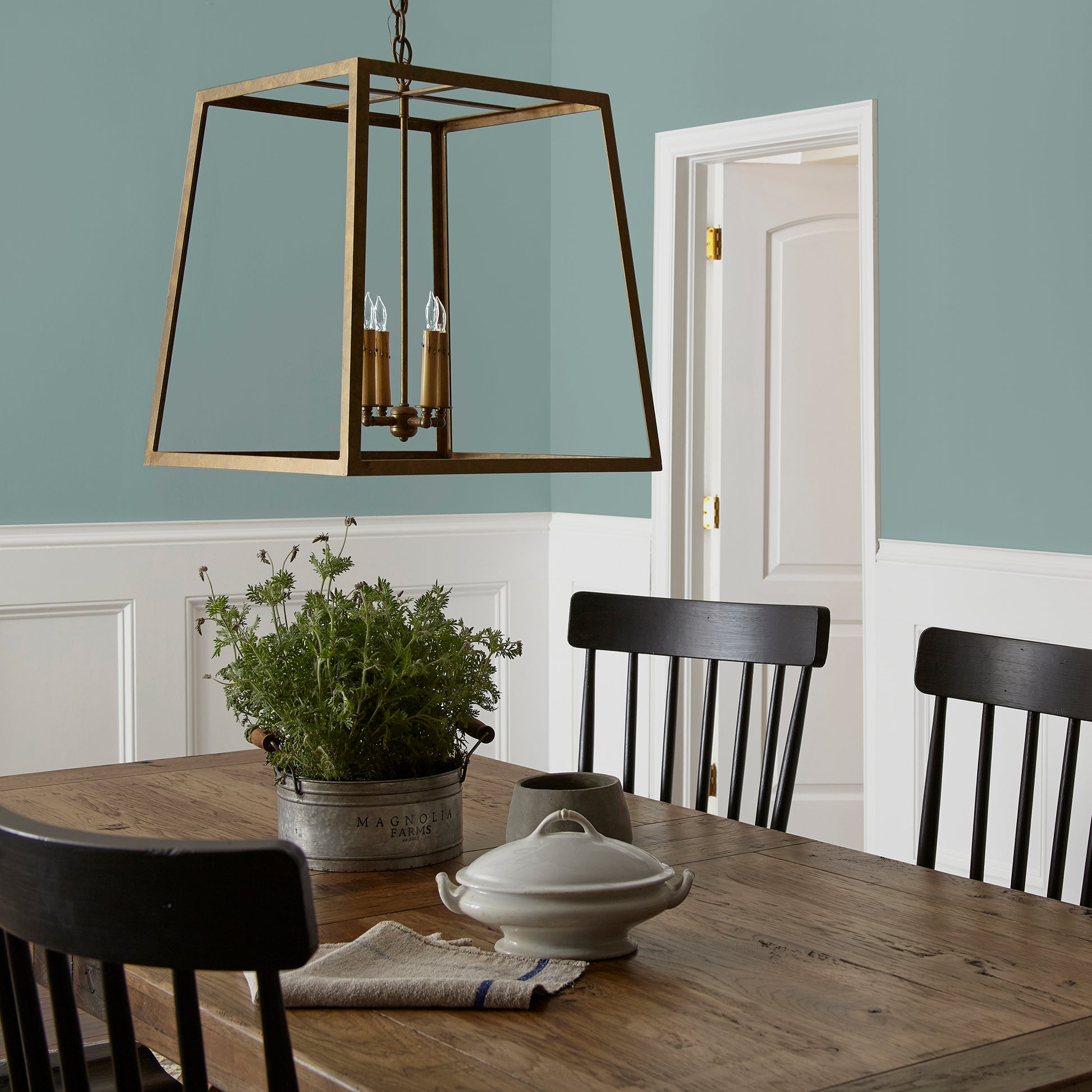 Ashy green with aqua undertone interior paint named well watered shown painted on dining room wall