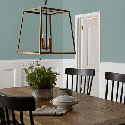 Ashy green with aqua undertone interior paint named well watered shown painted on dining room wall