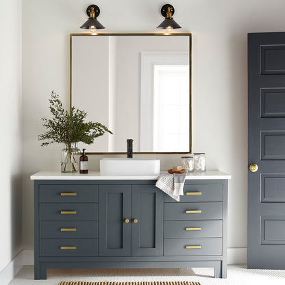 Almost black with dark blue undertones door and cabinet paint named arches shown painted on bathroom cabinet