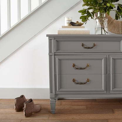 Smoky mid-toned brown door and cabinet paint named nesting box shown painted on entryway cabinet