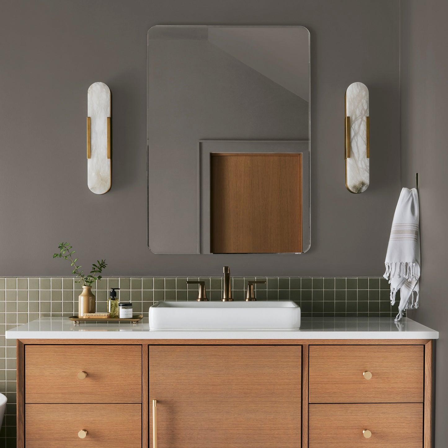 Rich earthy brown paint named Rocking Horse shown painted on bathroom wall