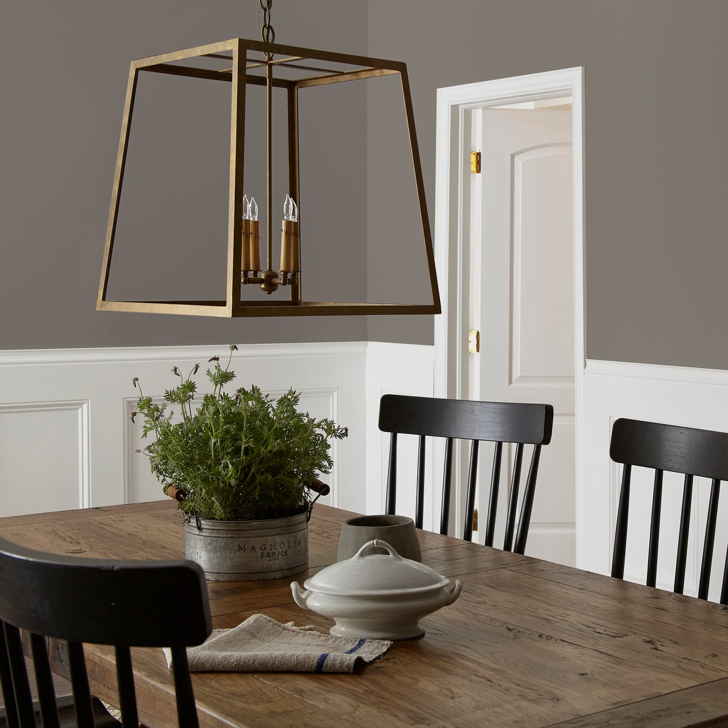 Rich earthy brown paint named Rocking Horse shown painted on dining room wall