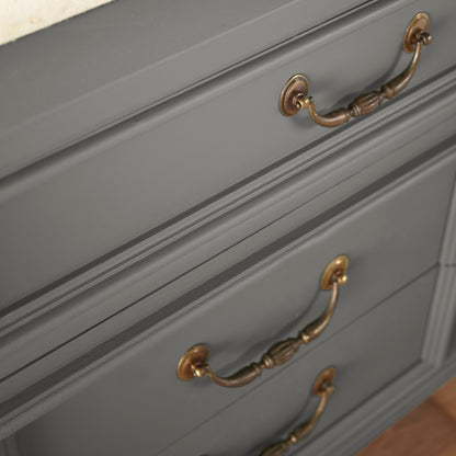 Dark gray touched brown door and cabinet paint named salvaged shown painted on cabinet
