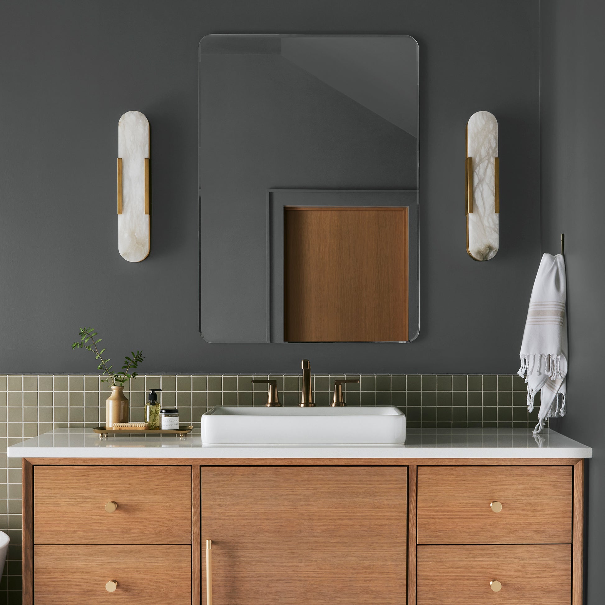 A chalky black interior paint named aspen stone shown painted on bathroom wall