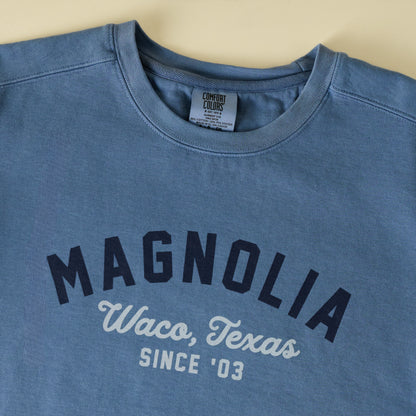 Magnolia Arched Blue Sweatshirt close up view