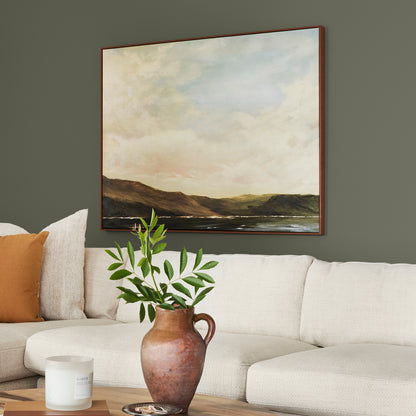 deep olive green interior paint named Step Stool Green shown painted on living room wall