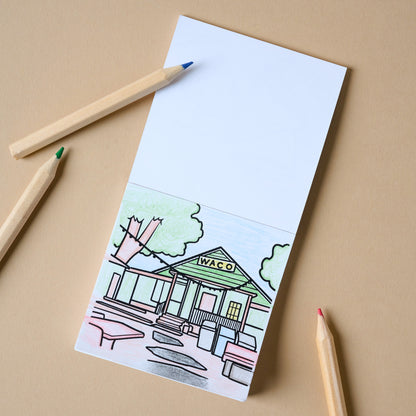 Magnolia Mini Coloring Book open to a page with a coffee shop