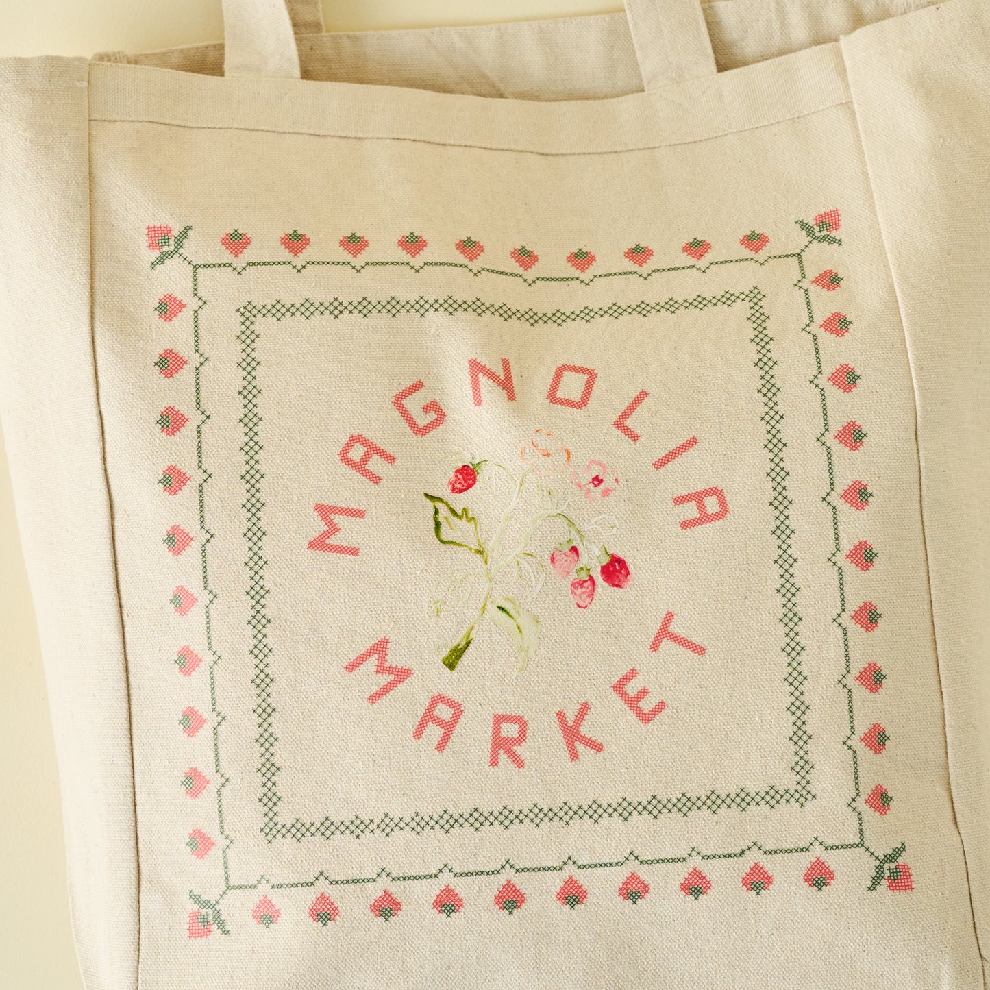 Magnolia Pink Strawberries Canvas Tote close up view