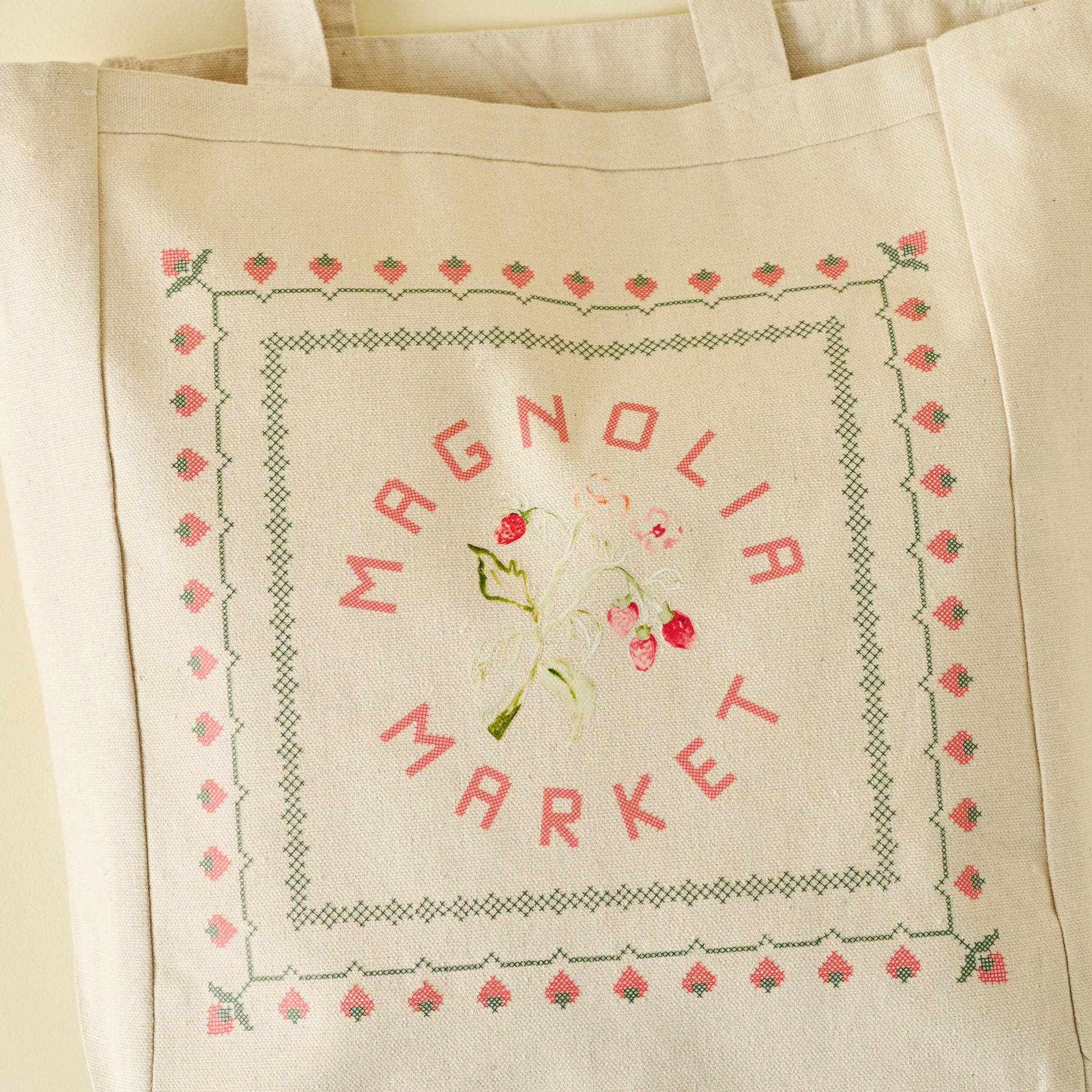 Magnolia Pink Strawberries Canvas Tote close up view