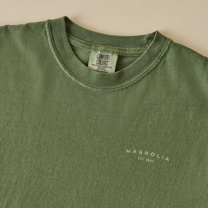 Magnolia Silos Crest Green Shirt graphic up close