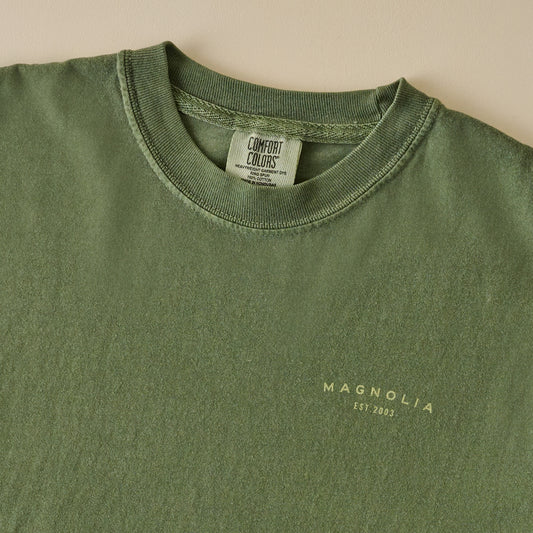 Magnolia Silos Crest Green Shirt graphic up close