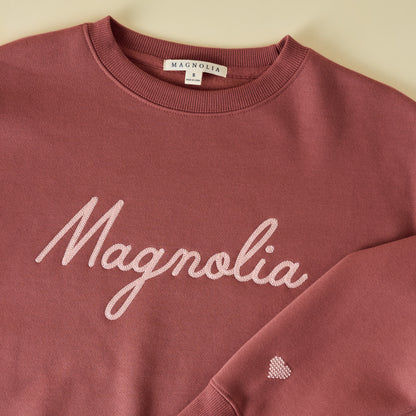 Magnolia Marsala Embroidered Heart Sweatshirt close up stitch detailing