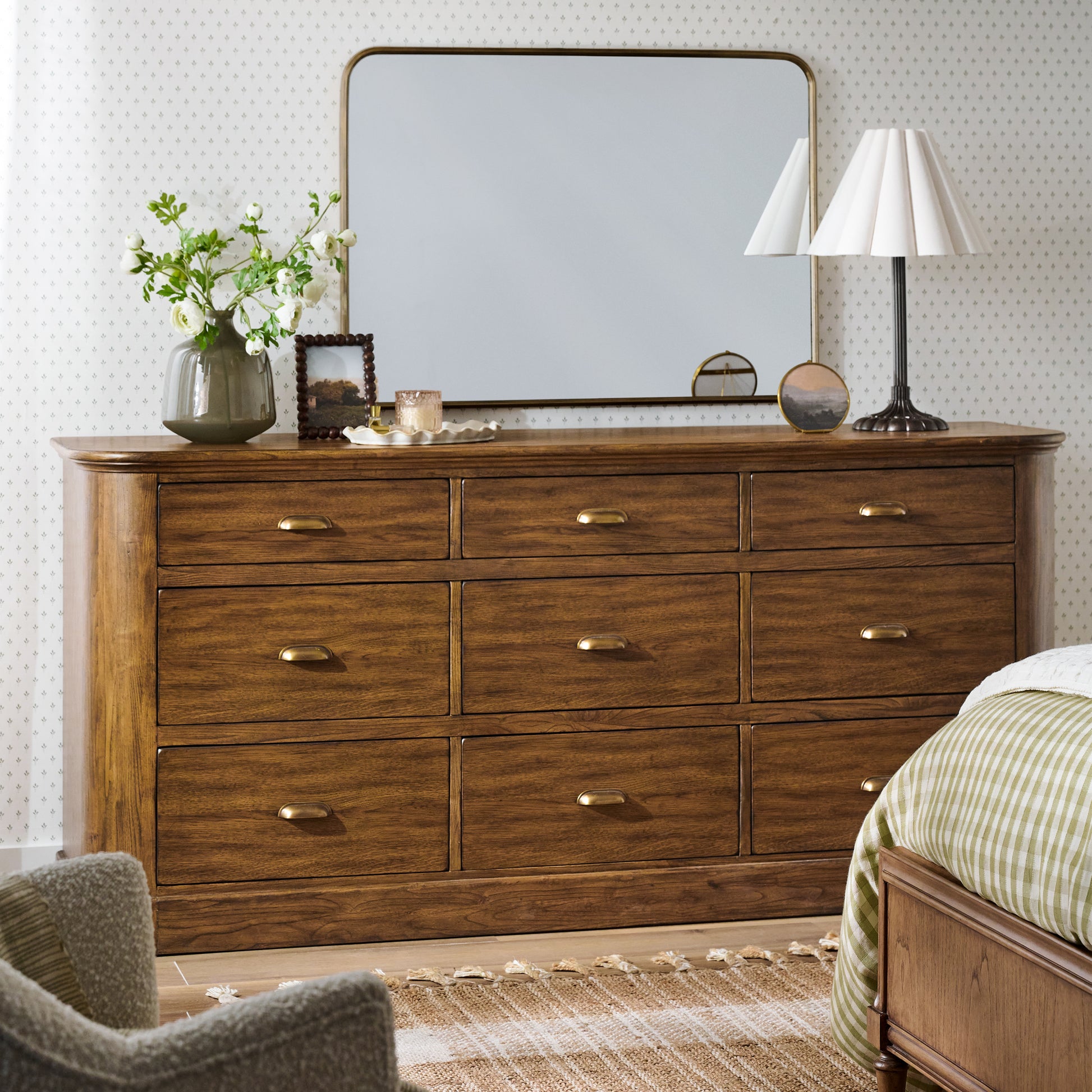 Collin Ribbed Brass Mantel Mirror in a room