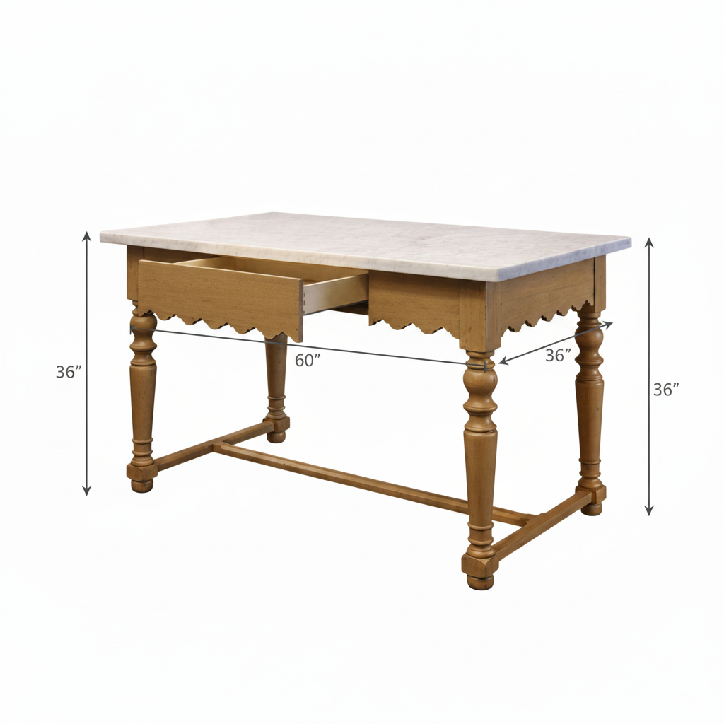 Wooden desk with marble top and dimensions on a white background