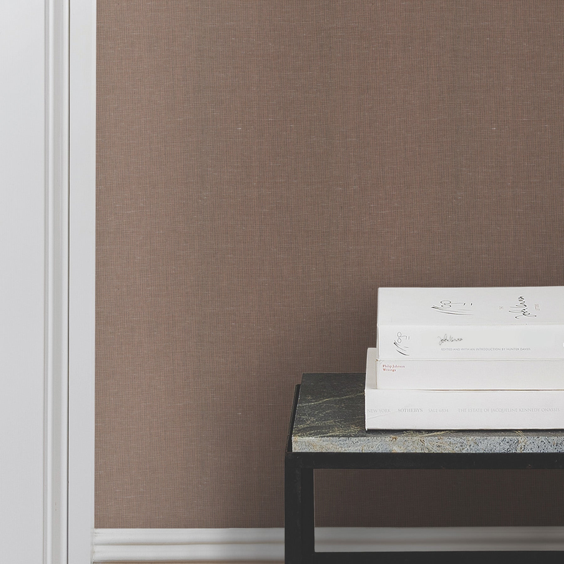 Crosshatch String Wallpaper in Ruby shown on wall