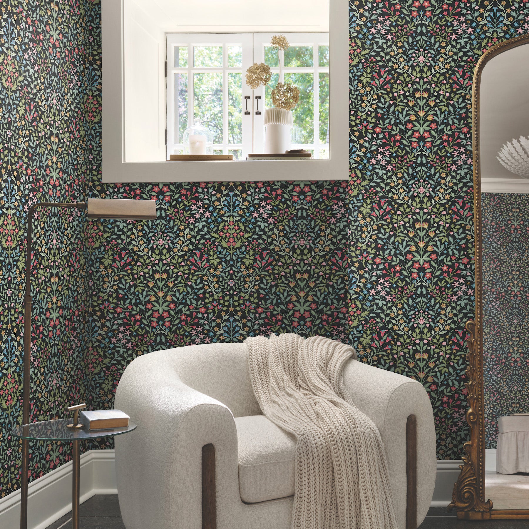 Garden Terrace Wallpaper in black and multicolor shown in room