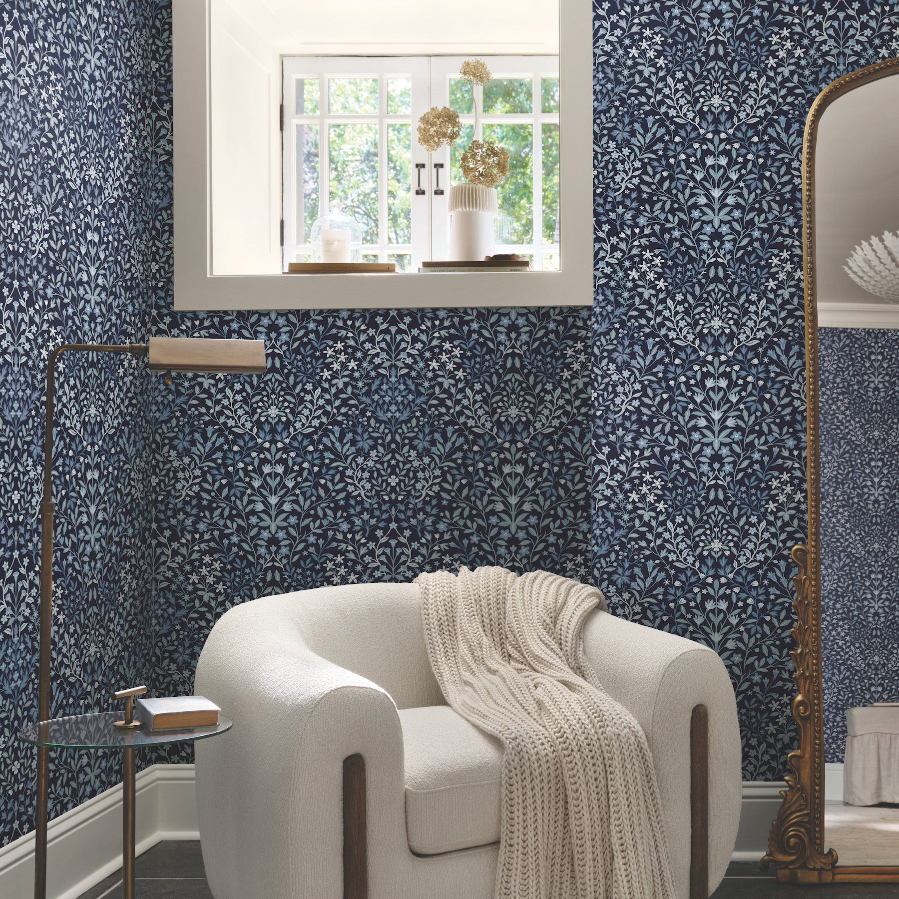 Garden Terrace Wallpaper in blue shown in room