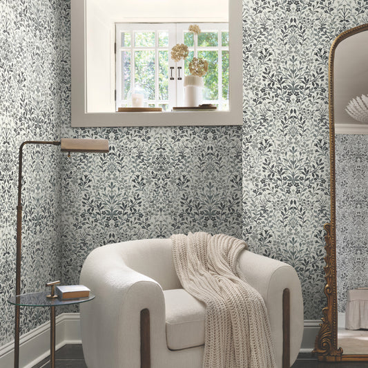 Garden Terrace Wallpaper in black and white shown in room