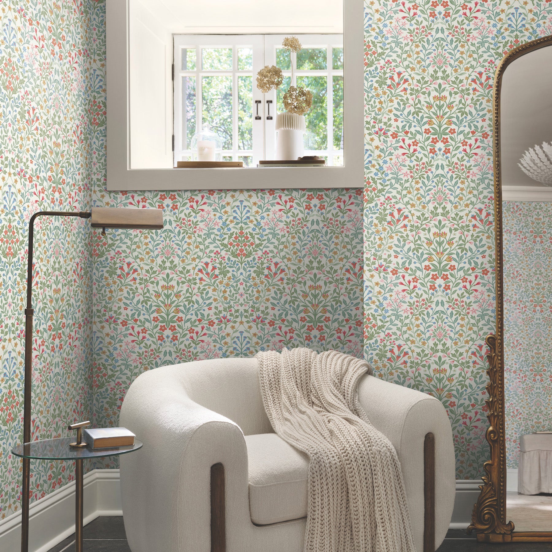 Garden Terrace Wallpaper in white and multicolor shown in room